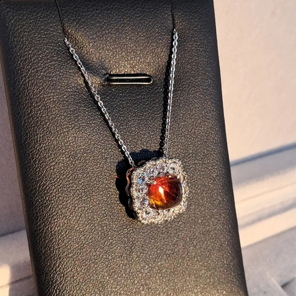Cherry Citrine & Natural White Zircon Halo Pendant Necklace - Picture 3 of 7
